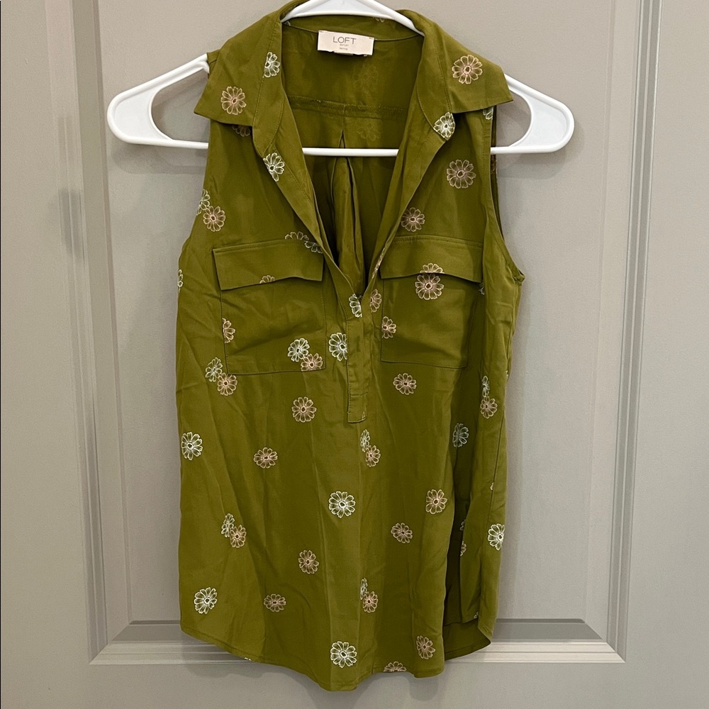 LOFT Olive Sleeveless Blouse with Floral Accents